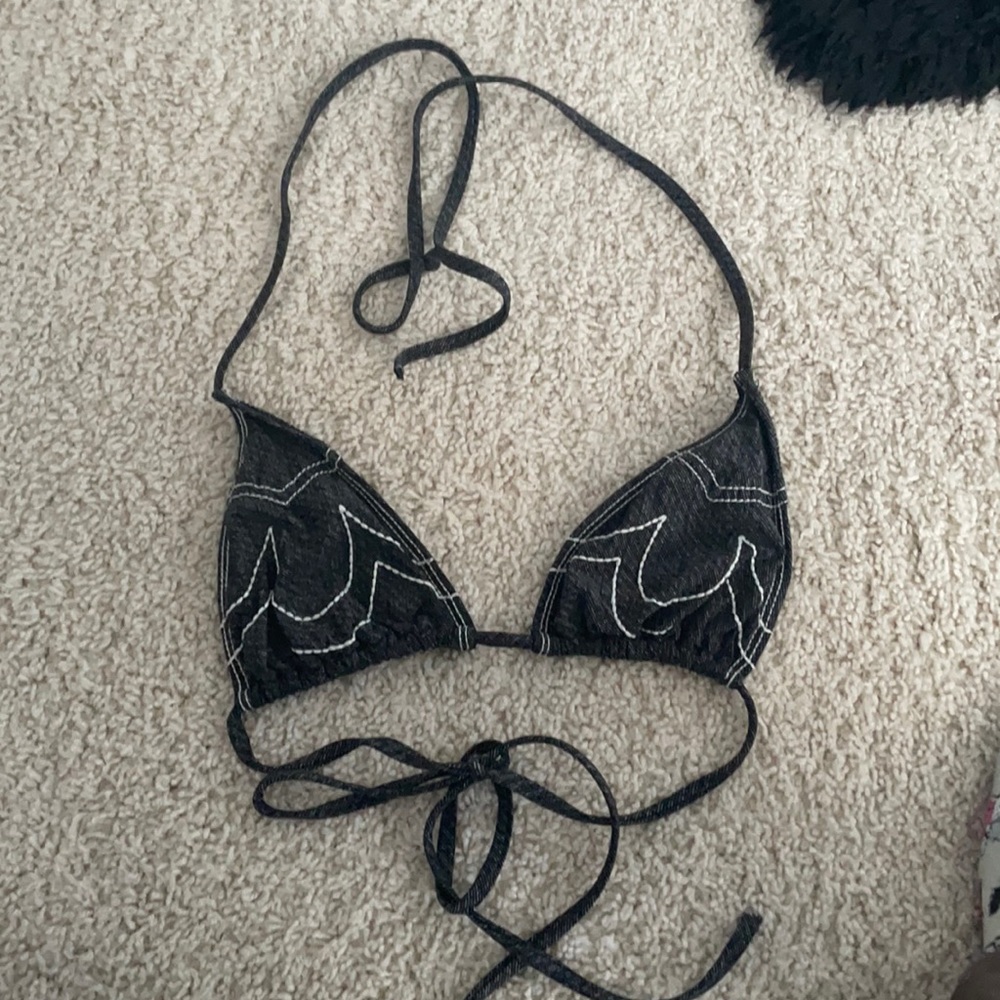 Women’s navy blue jean print True Religion string bikini top sz S